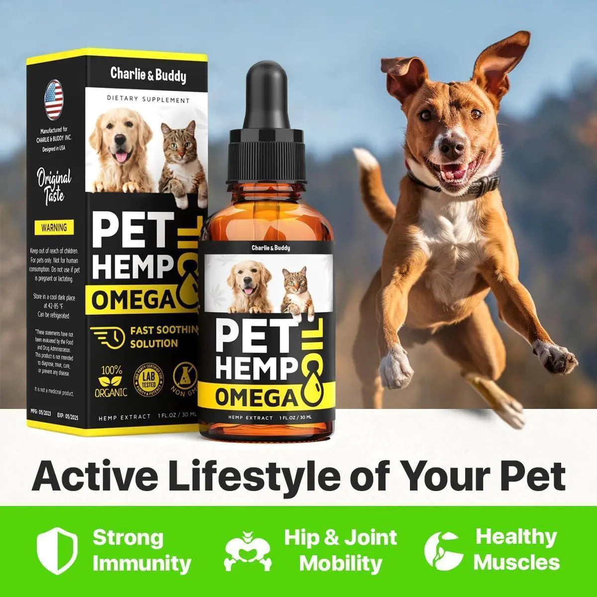 Pet Hemp Omega supplement bottle with packaging and a running dog on a scenic background