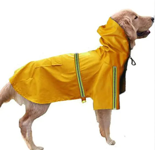 Dog wearing a yellow raincoat with reflective stripes on a white background