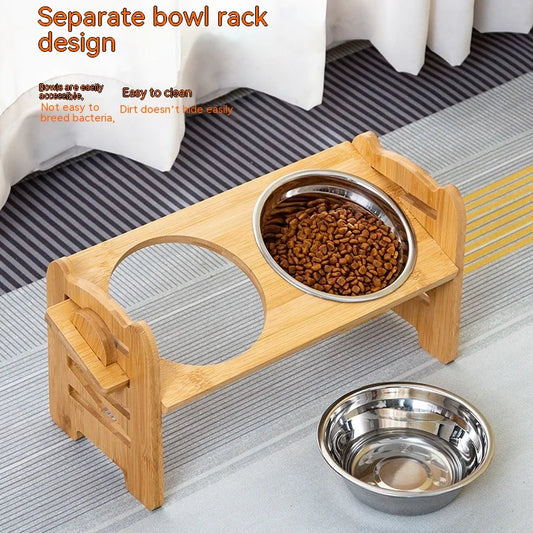 Wooden pet bowl stand with two metal bowls on a textured surface.