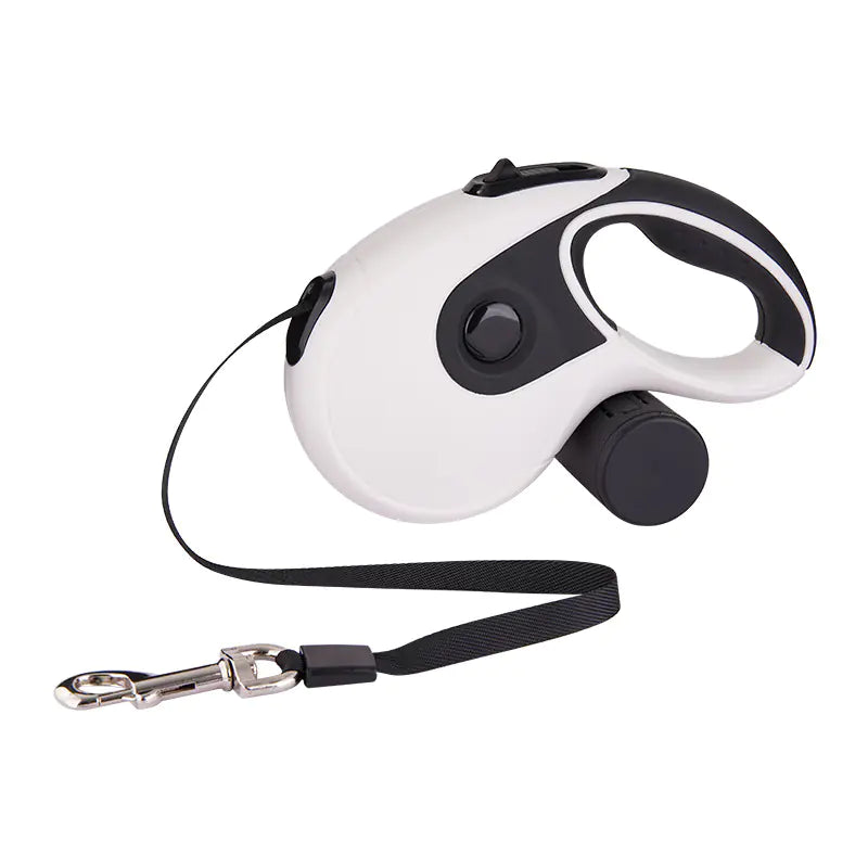 Retractable dog leash with white handle and black accents on a white background