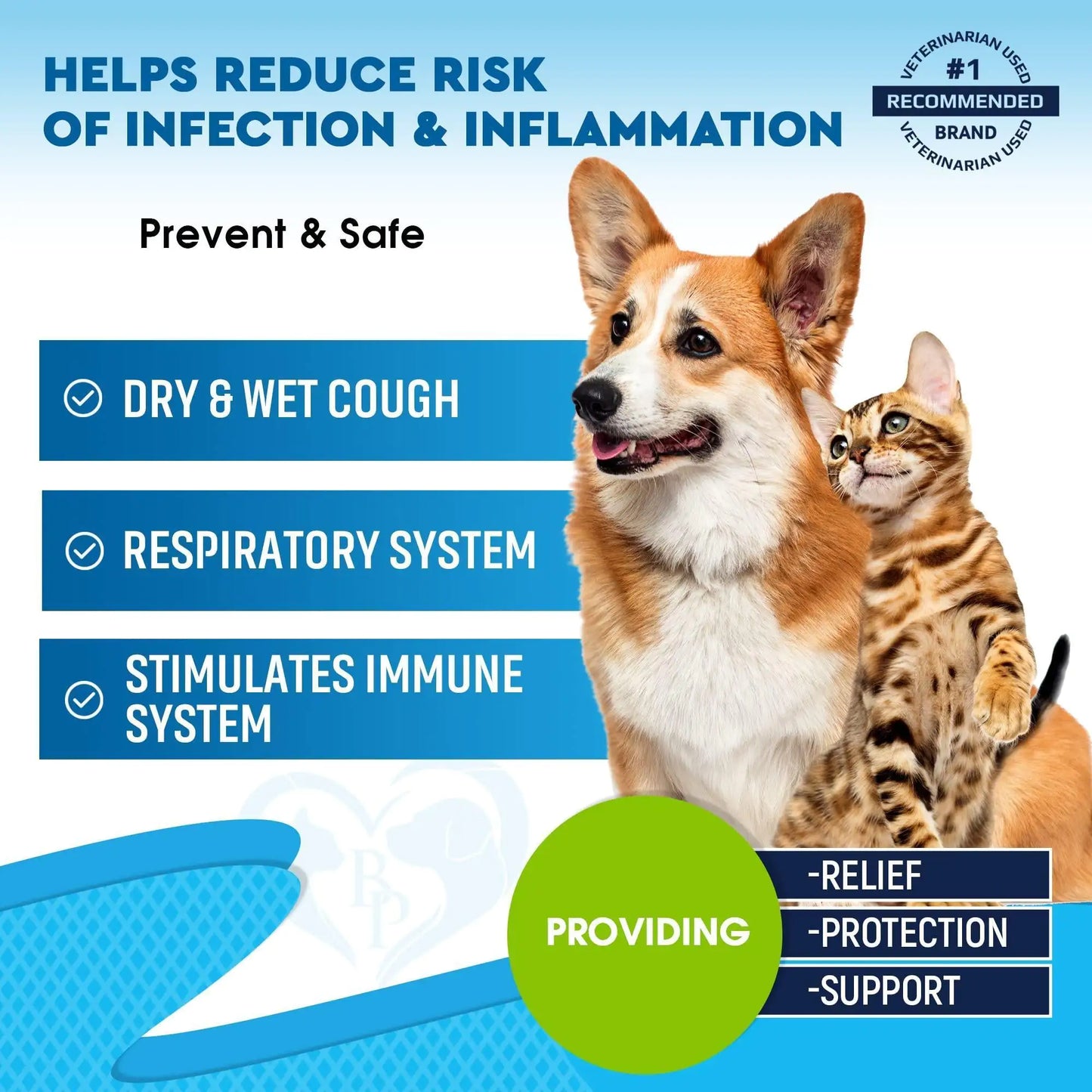 Advertisement featuring a dog and cat with text about health benefits on a blue background