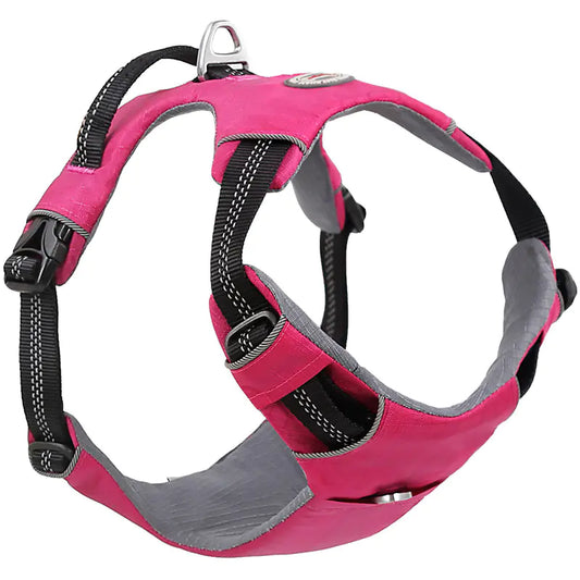 Pink dog harness with gray padding on a white background