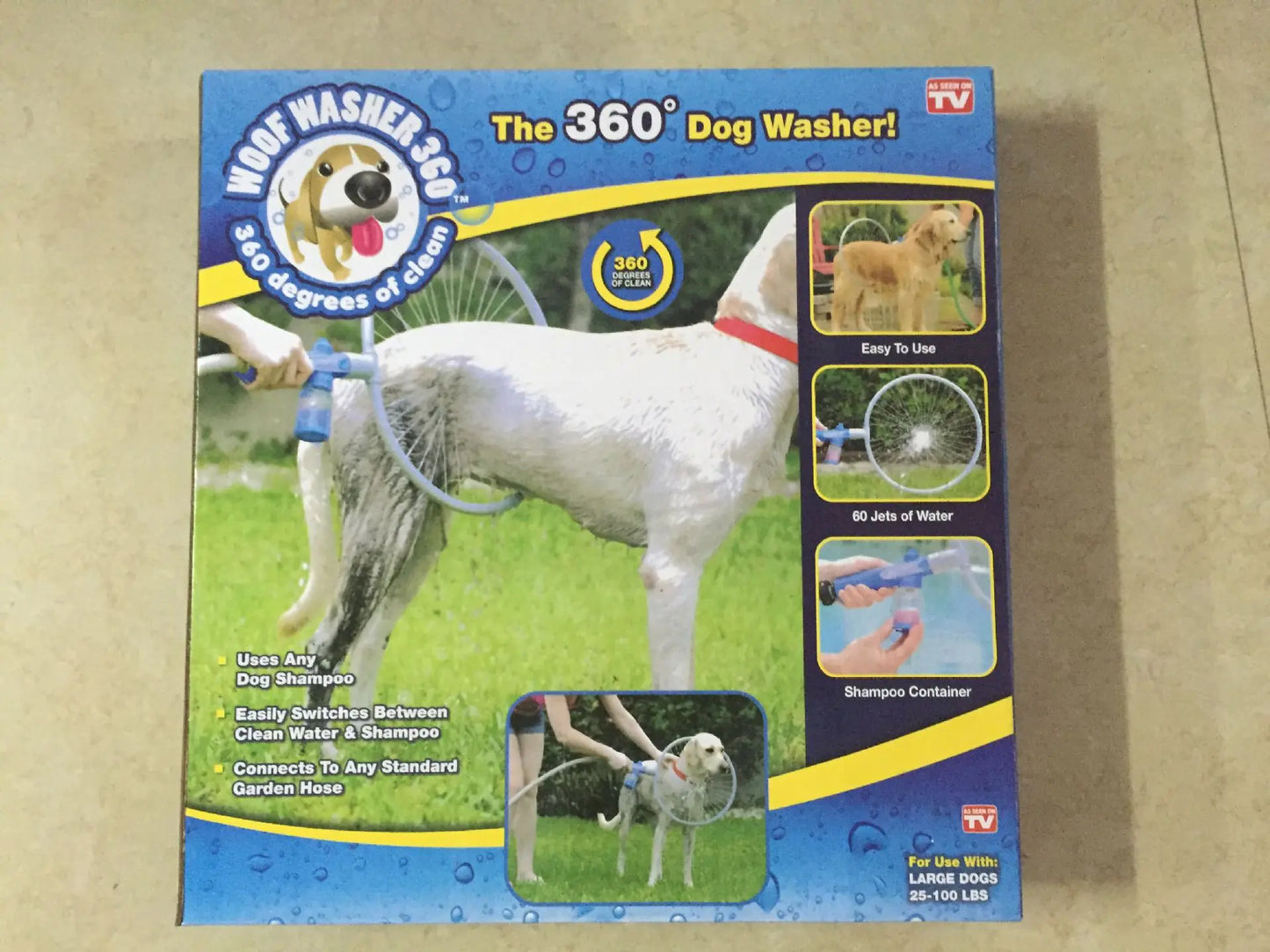 Box for 'The 360' Dog Washer' product with images of a dog being washed and text on a beige background.