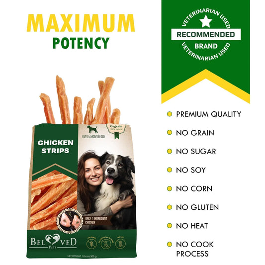 Bag of Beloved Chicken Strips for dogs with a list of product features on a white background.