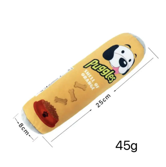 Dog toy packaging with cartoon dog face and measurements on a white background