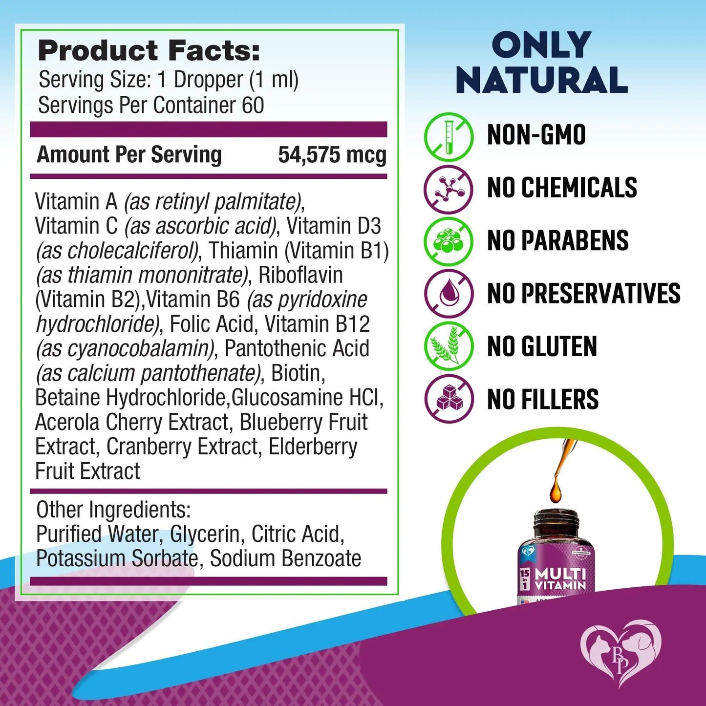 Product label with nutritional information and ingredient list on a blue and purple background
