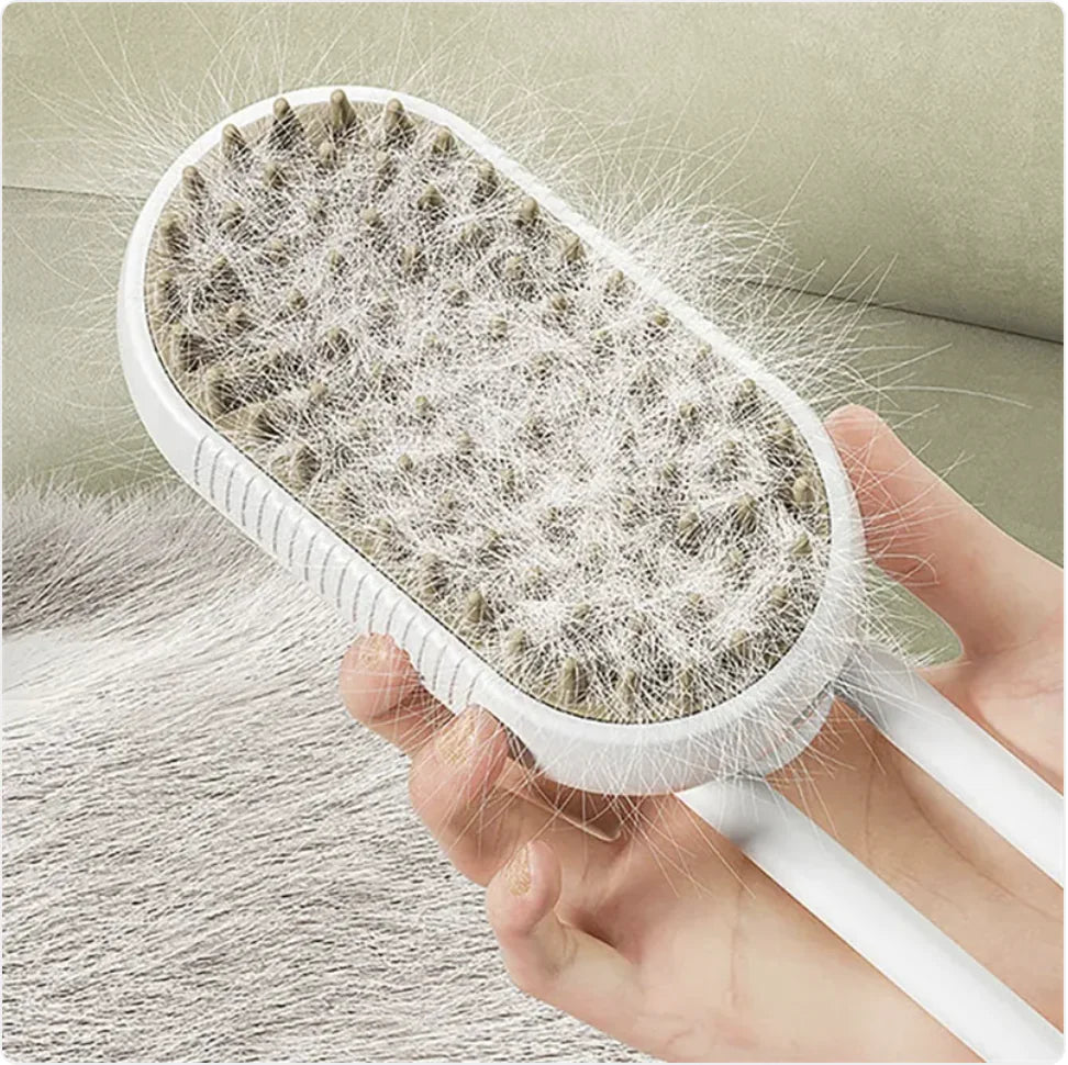 Hairbrush with pet hair collected on it, held by a hand against a neutral background