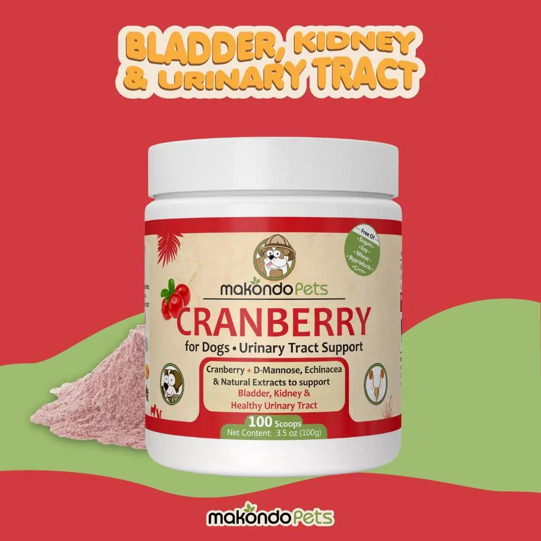 Makondo Pets cranberry supplement for dogs on a red background
