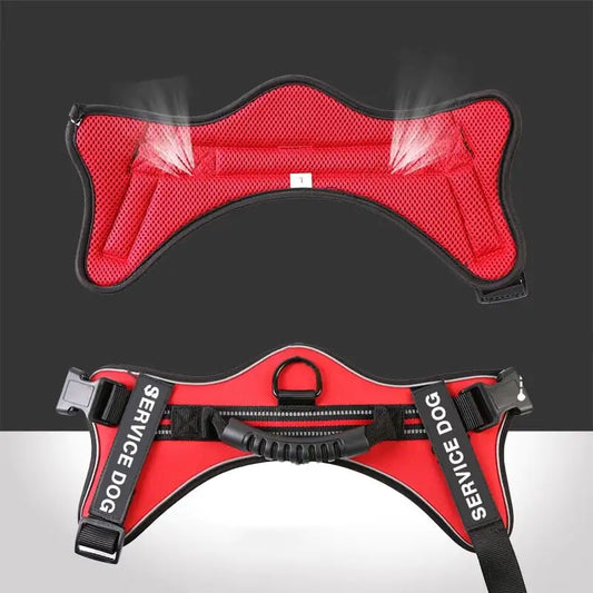 Red service dog vest with black text on a dark background