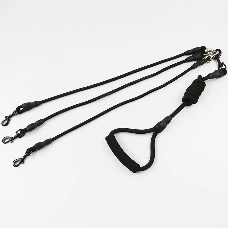 Black dog leash with handle on a white background