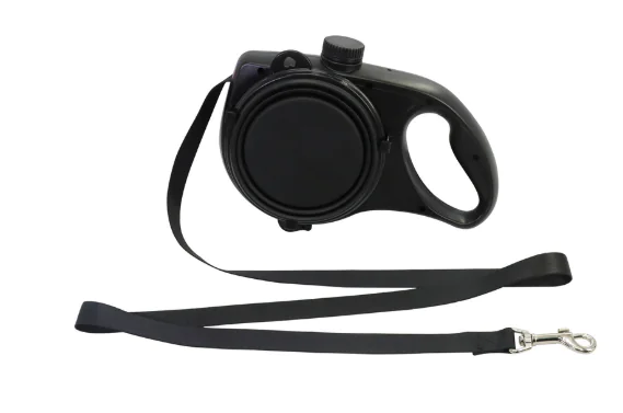Black retractable dog leash on a white background