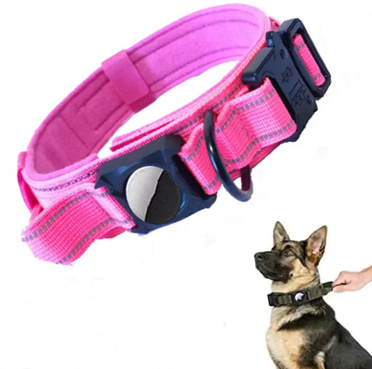 Pink dog collar with reflective strip on a white background
