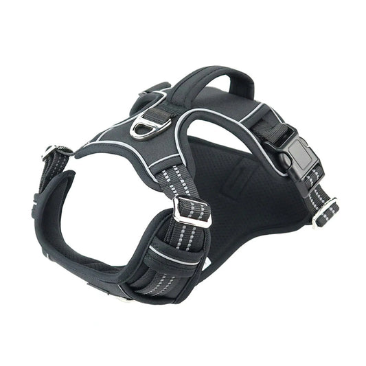 Black dog harness with reflective stripes on a white background