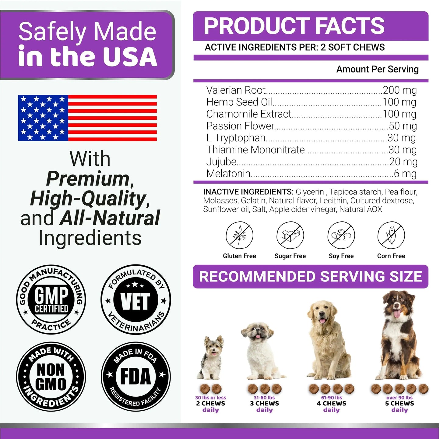 Product label for dog chews with safety, quality, and usage information.