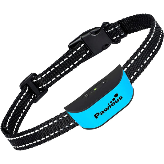 Black dog collar with a blue electronic device featuring the brand 'Pawidious' on a white background.