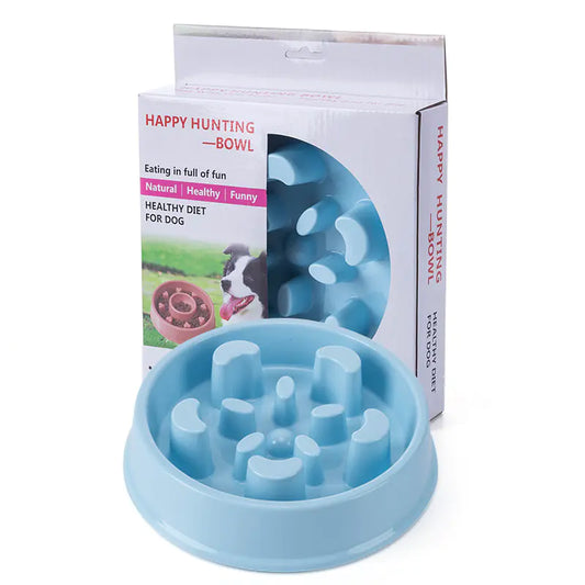 Blue slow feeder bowl for dogs with packaging on a white background