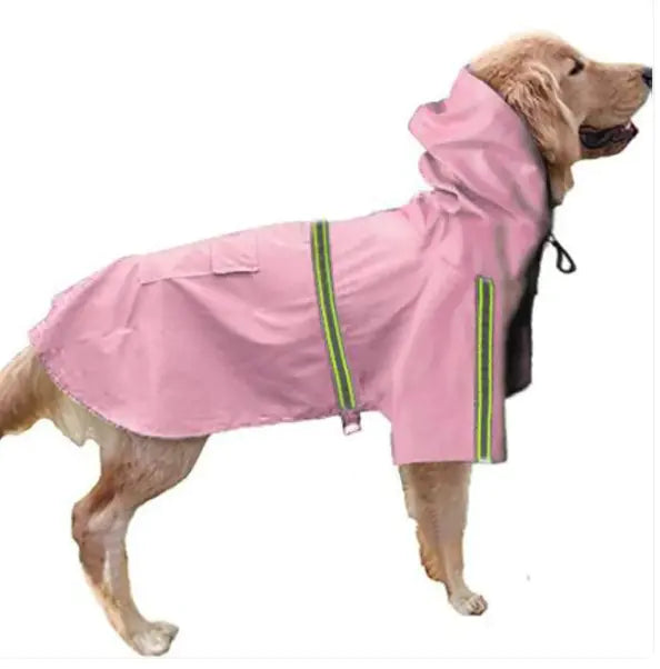 Dog wearing a pink raincoat with reflective stripes on a white background