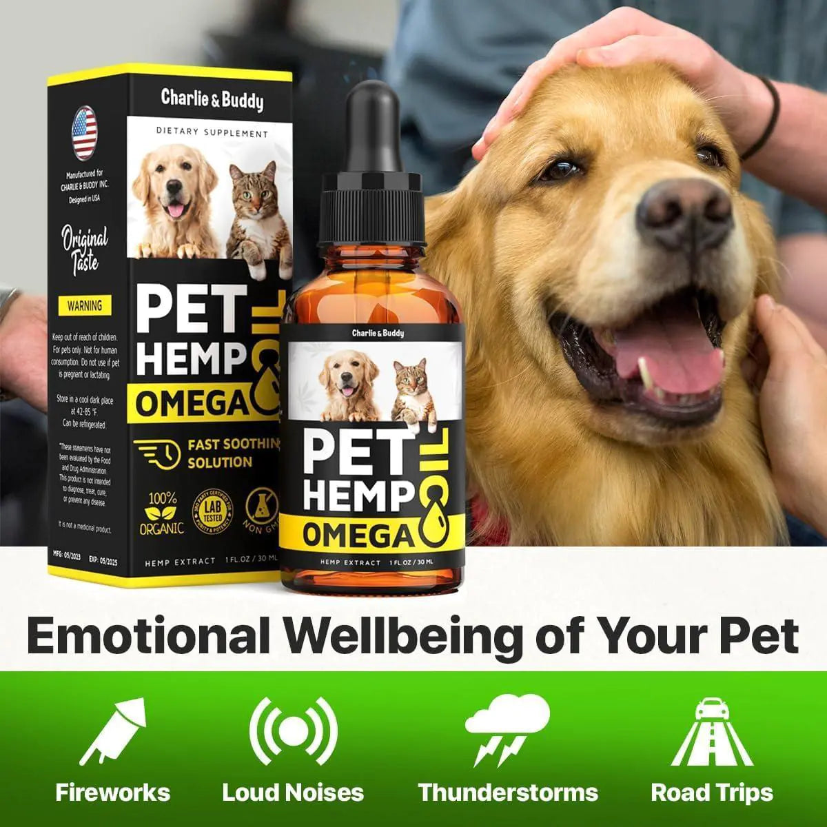 Pet Hemp Oil product with a dog and cat on the packaging, and a person petting a dog.