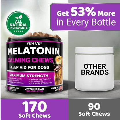 Yuma's Melatonin Calming Chews for dogs with a comparison to 'Other Brands' on a gray background.