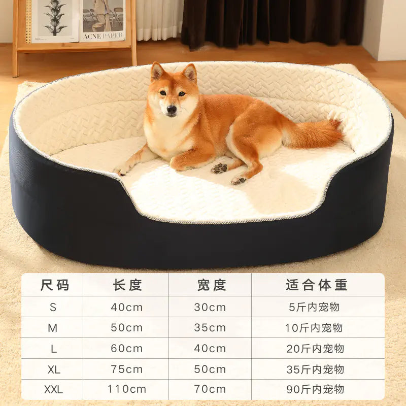 Dog lying on a black and white pet bed with a size chart below.