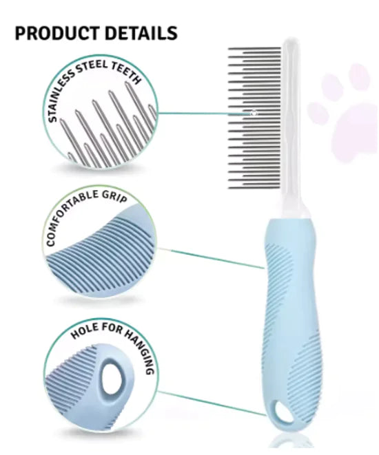 Pet grooming comb with features highlighted on a white background
