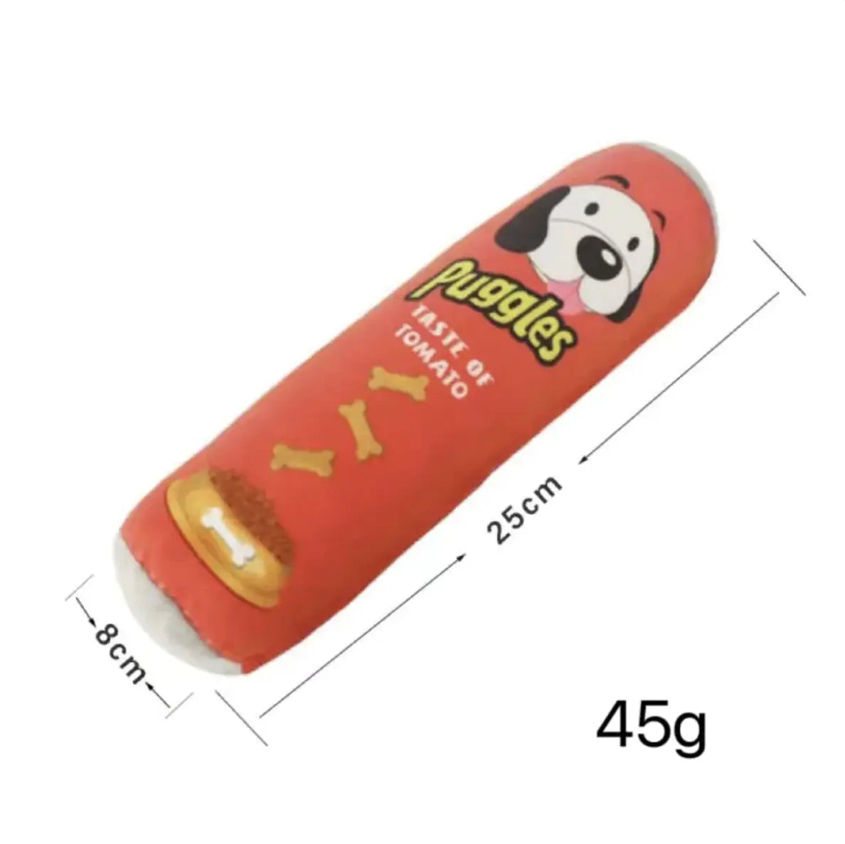 Red packaging of Fuggles dog treat with dimensions and weight on a white background