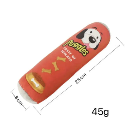 Red packaging of Fuggles dog treat with dimensions and weight on a white background