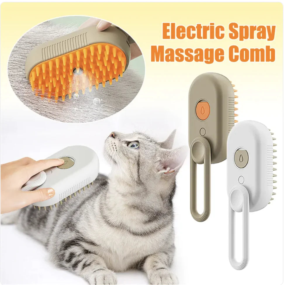 Electric spray massage comb for pets with a cat using it, on a light yellow background.