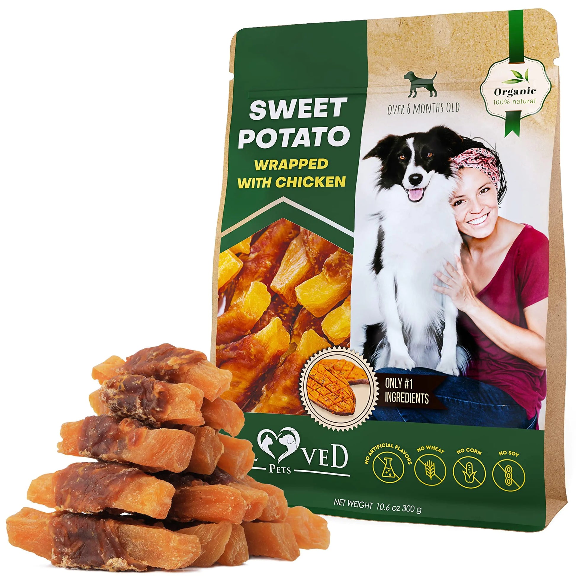 Package of 'Loved Pets' sweet potato wrapped with chicken dog treats on a white background