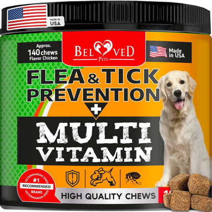 Beloved Pets flea and tick prevention and multi-vitamin chews for dogs with a dog on the label.