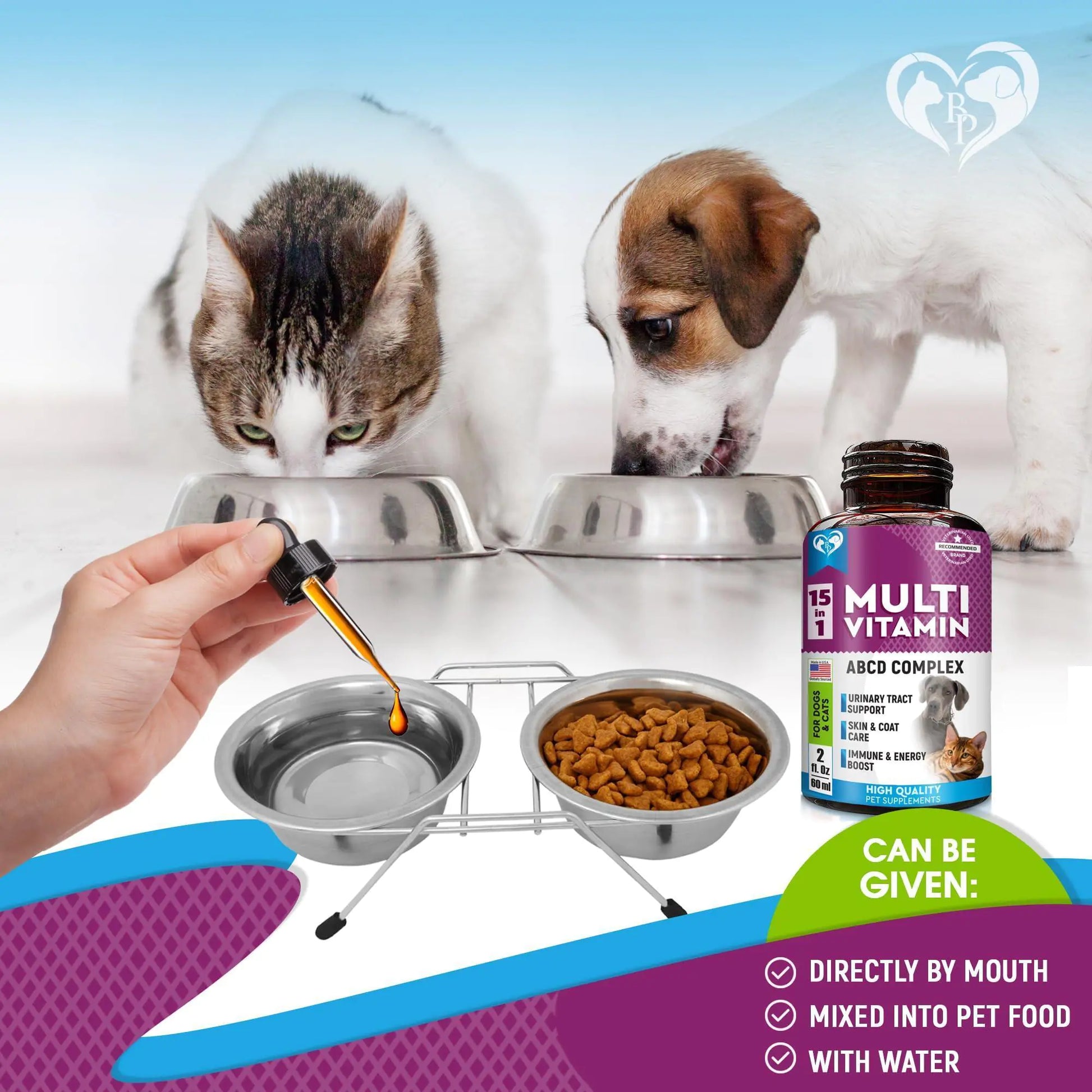 Pet bowls with a hand pouring a supplement, a bottle of multivitamin, and two pets in the background.