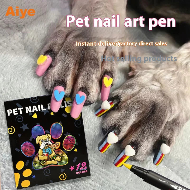 Pet nail art pen with colorful pet nails and packaging on a soft surface