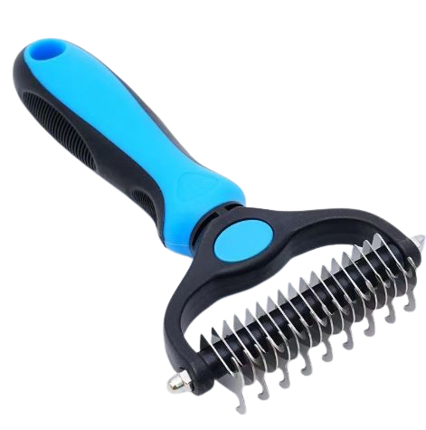 Pet grooming brush with blue handle and metal bristles on a white background