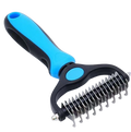 Pet grooming brush with blue handle and metal bristles on a white background