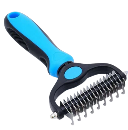 Pet grooming brush with blue handle and metal bristles on a white background