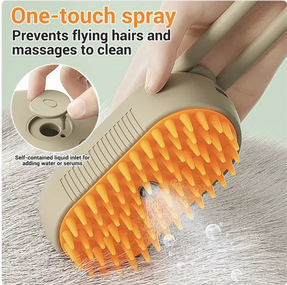 Pet grooming brush with one-touch spray feature, used on a pet's fur.