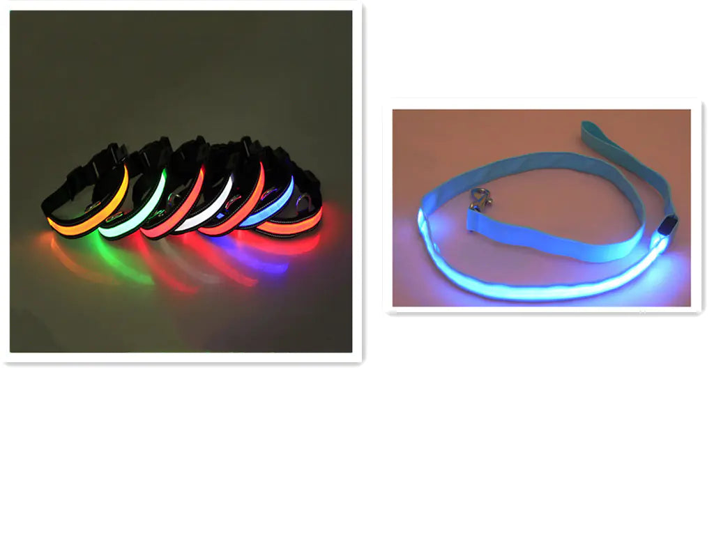 Set of colorful LED headbands on a dark background with a close-up of a blue LED headband on a light background.