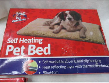 Box of a self-heating pet bed with a dog lying on it