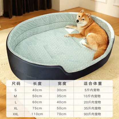 Dog lying on a pet bed with a size chart below