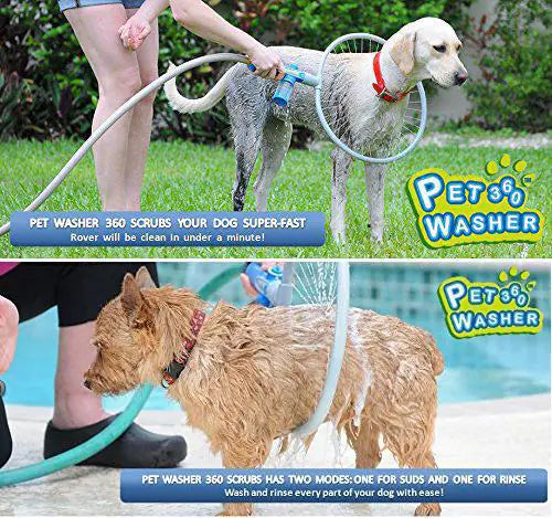 Two images showing dogs being washed with a Pet Washer device. The top image shows a dog on grass, and the bottom image shows a dog by a pool.