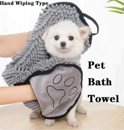 Pet bath towel with paw design held by a person, suitable for small dogs.