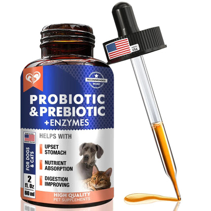 Probiotic and prebiotic supplement bottle with dropper on a white background