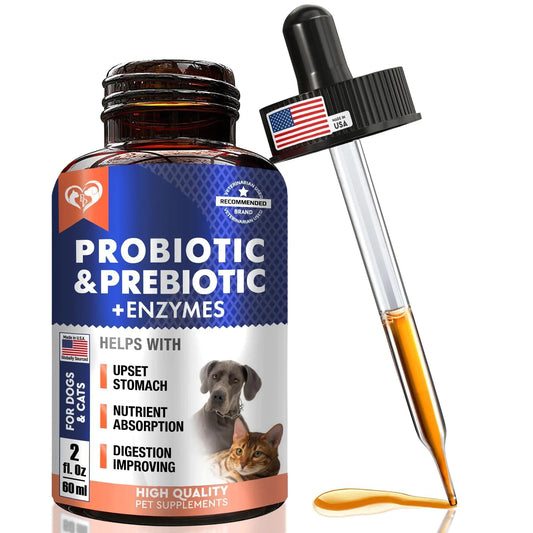 Probiotic and prebiotic supplement bottle with dropper on a white background