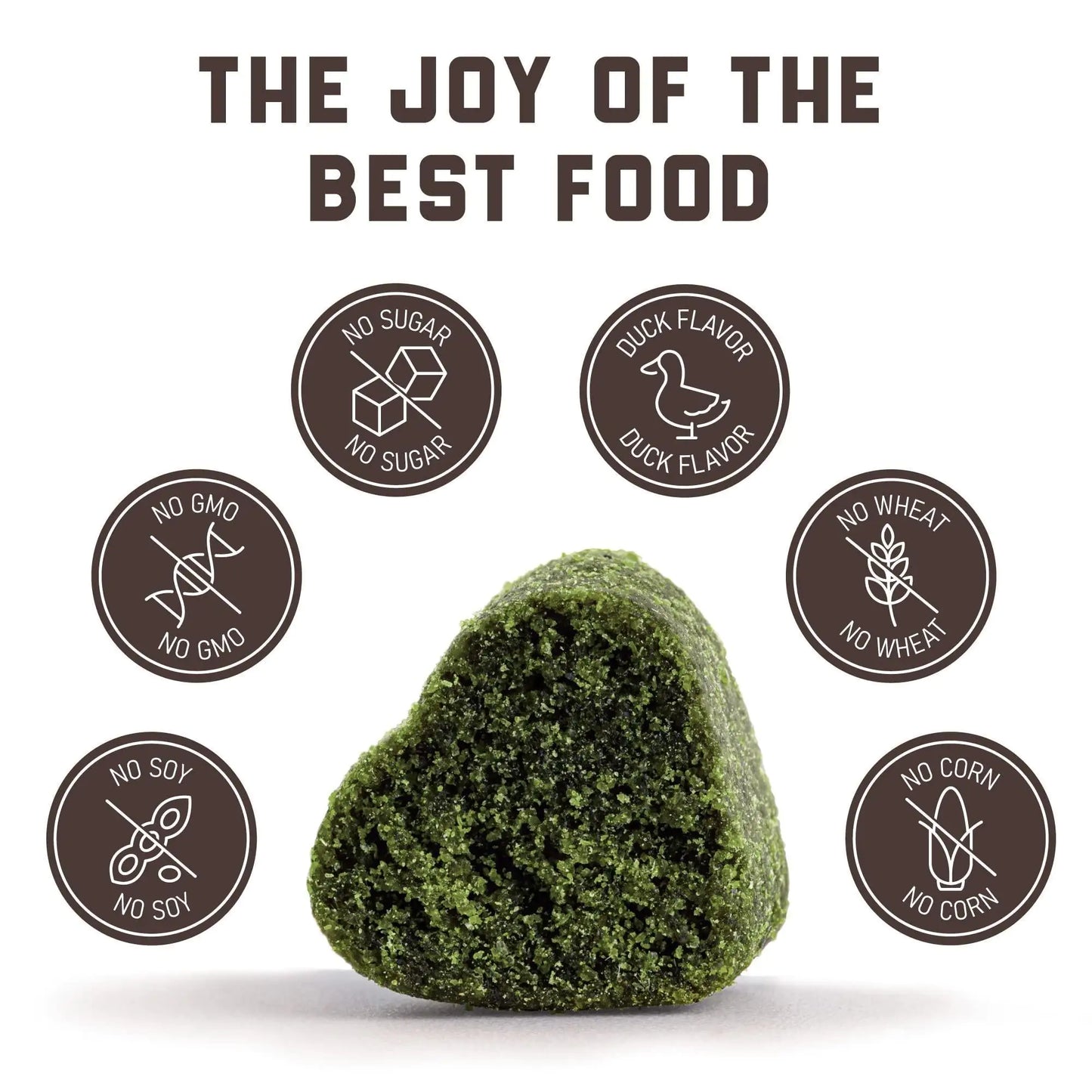 Green pet treat with certification icons and text 'The Joy of the Best Food' on a white background