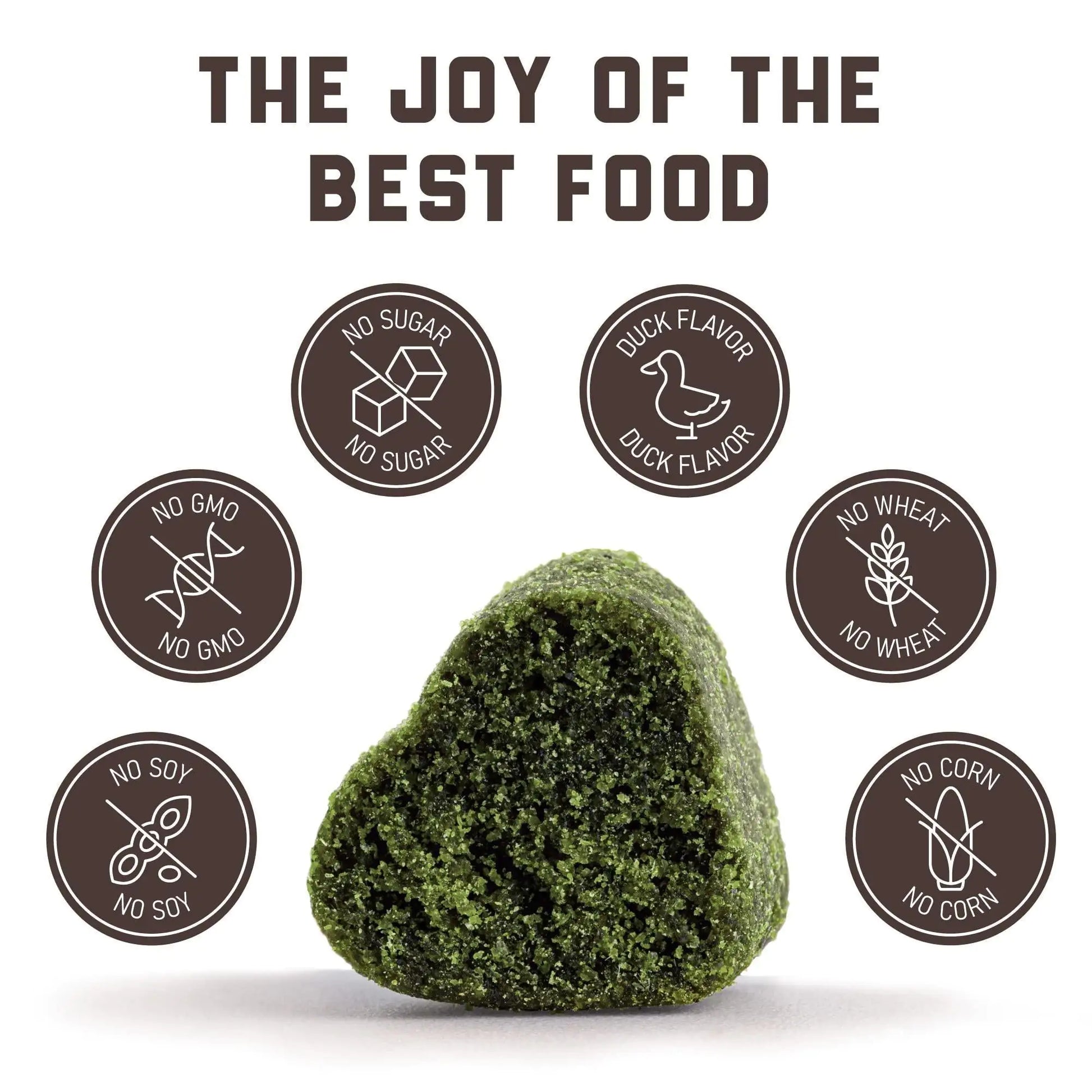 Green pet treat with certification icons and text 'The Joy of the Best Food' on a white background