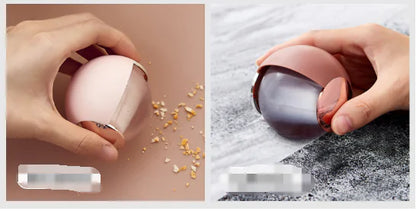 Two hands holding a pink and purple device with small particles on a beige background.