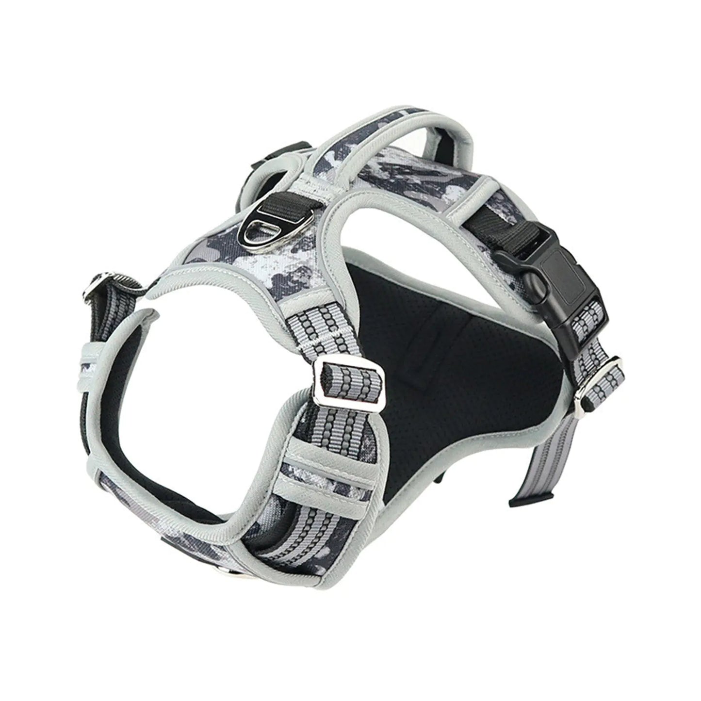 Dog harness with camouflage pattern on a white background