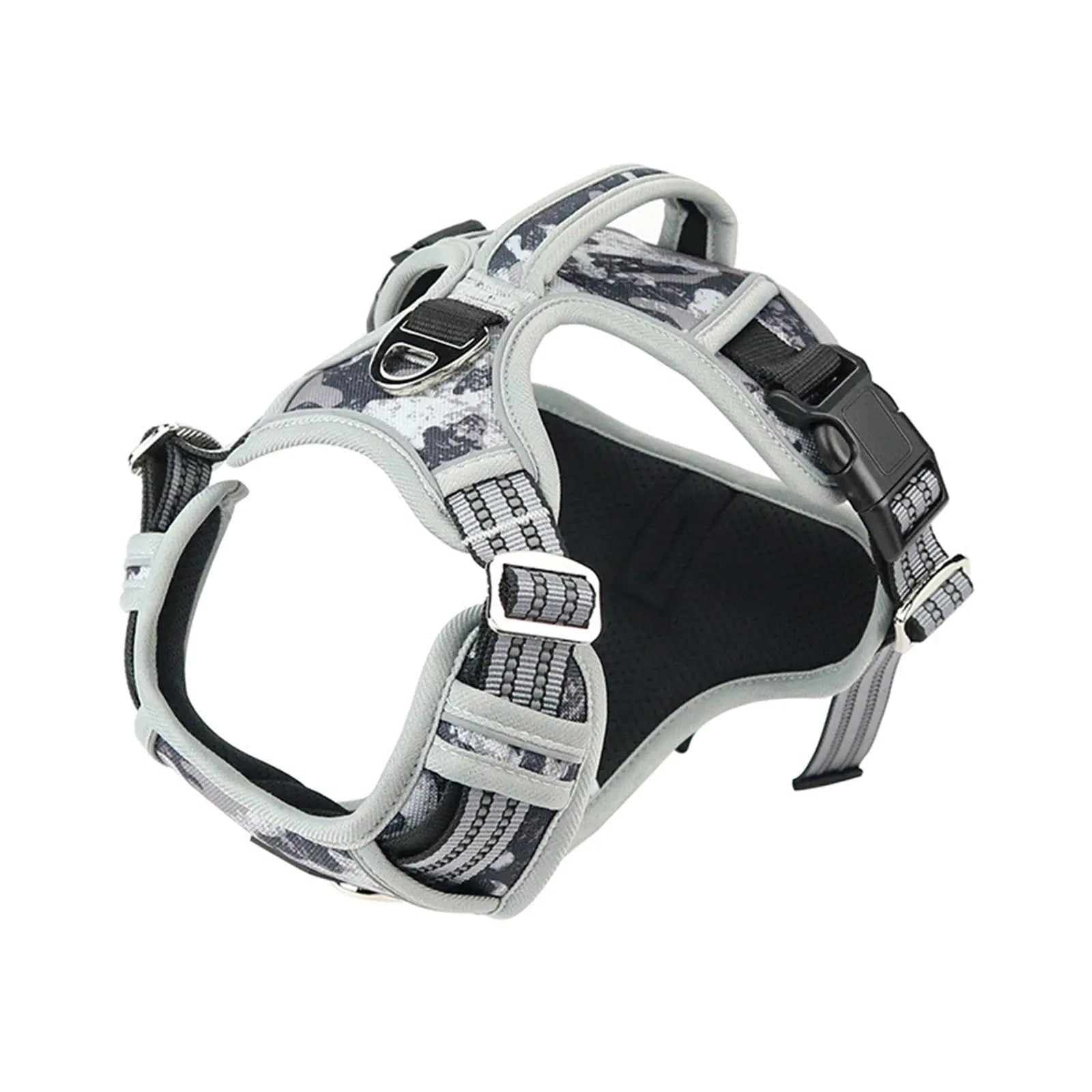 Dog harness with camouflage pattern on a white background