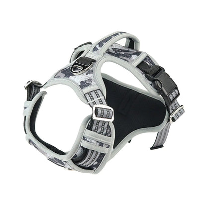 Dog harness with camouflage pattern on a white background