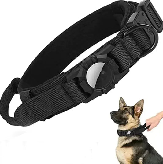 Black dog collar with a German Shepherd wearing it on a white background
